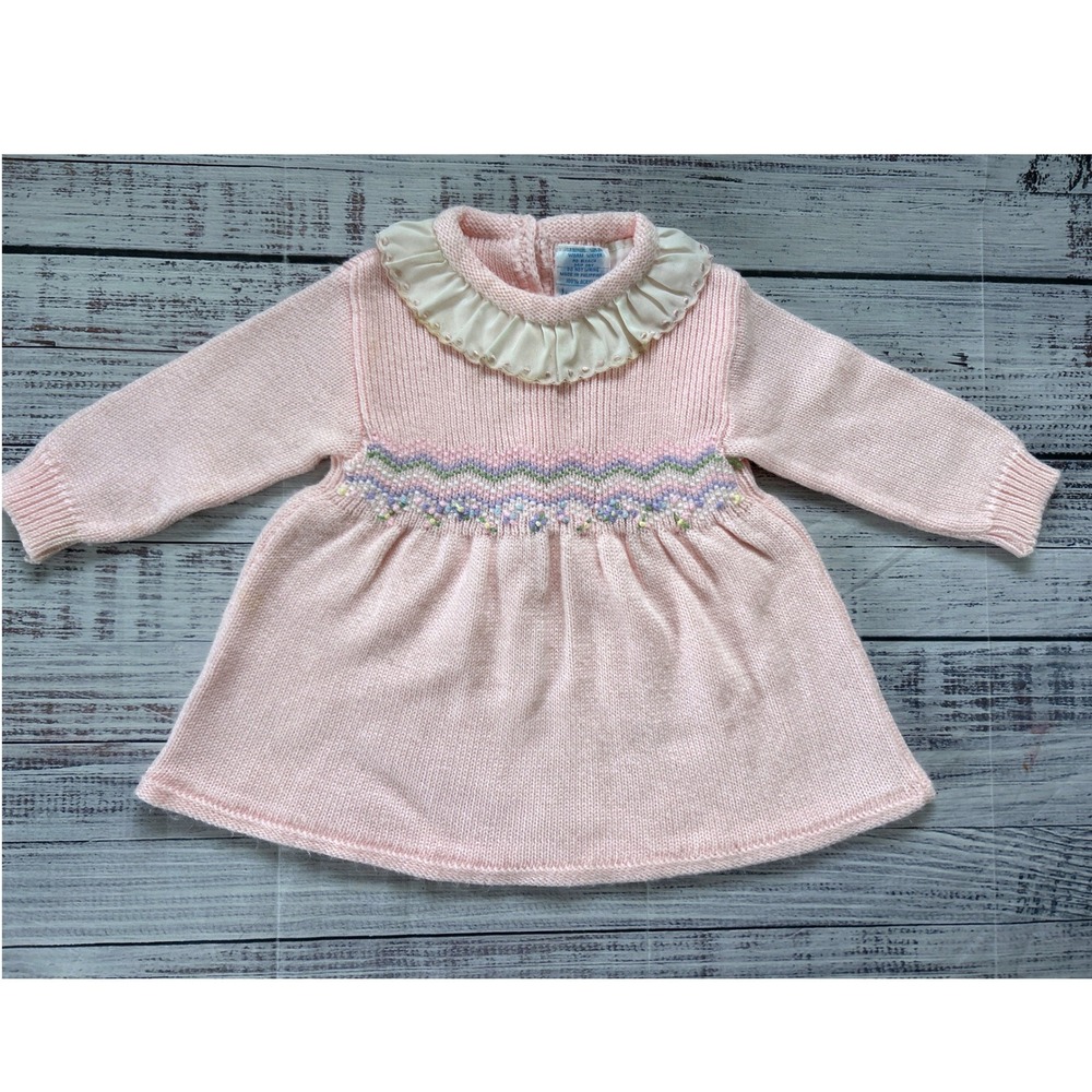 Vintage Nann-Knits Sweater Dress Kids Pink Ruffle Collar Smocked Floral Size 12M